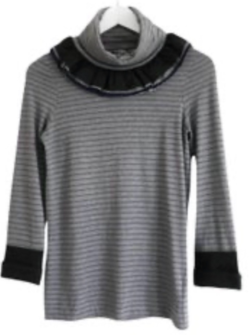 CHANEL Gray Striped Long-Sleeve Top with Black Ruffle Collar